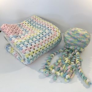 Crochet Baby Blanket With Toy Granny Stitch Square Baby Gift Octopus Plush